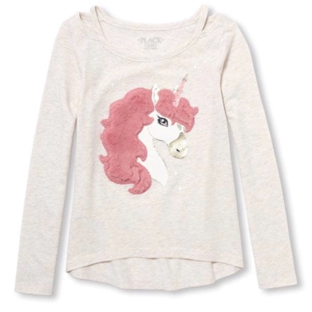 NWT Children's Place Faux Fur Pink Unicorn Graphic Long Sleeved Shirt Top